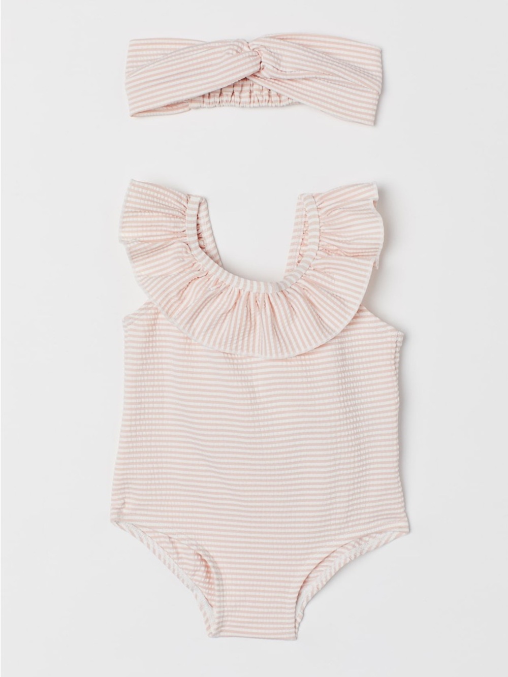 3/$30 NWT H&M Baby Girl Pink Striped Ruffle Swimsuit & Headband Set - Size 2-6M